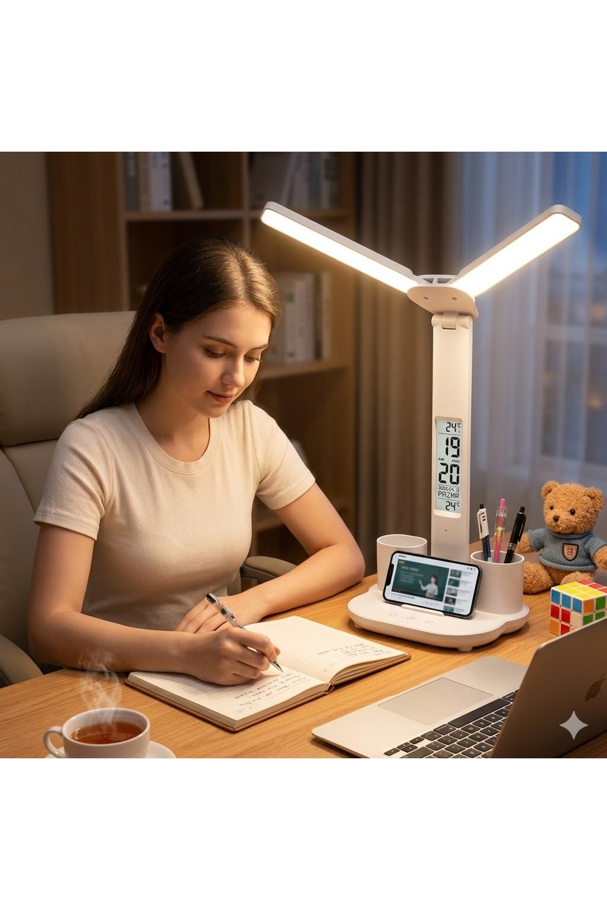 Dijital Saatli Termometreli Çift Kanatlı LED Masa Lambası - Kalemlikli Organizer Çalışma Lambası