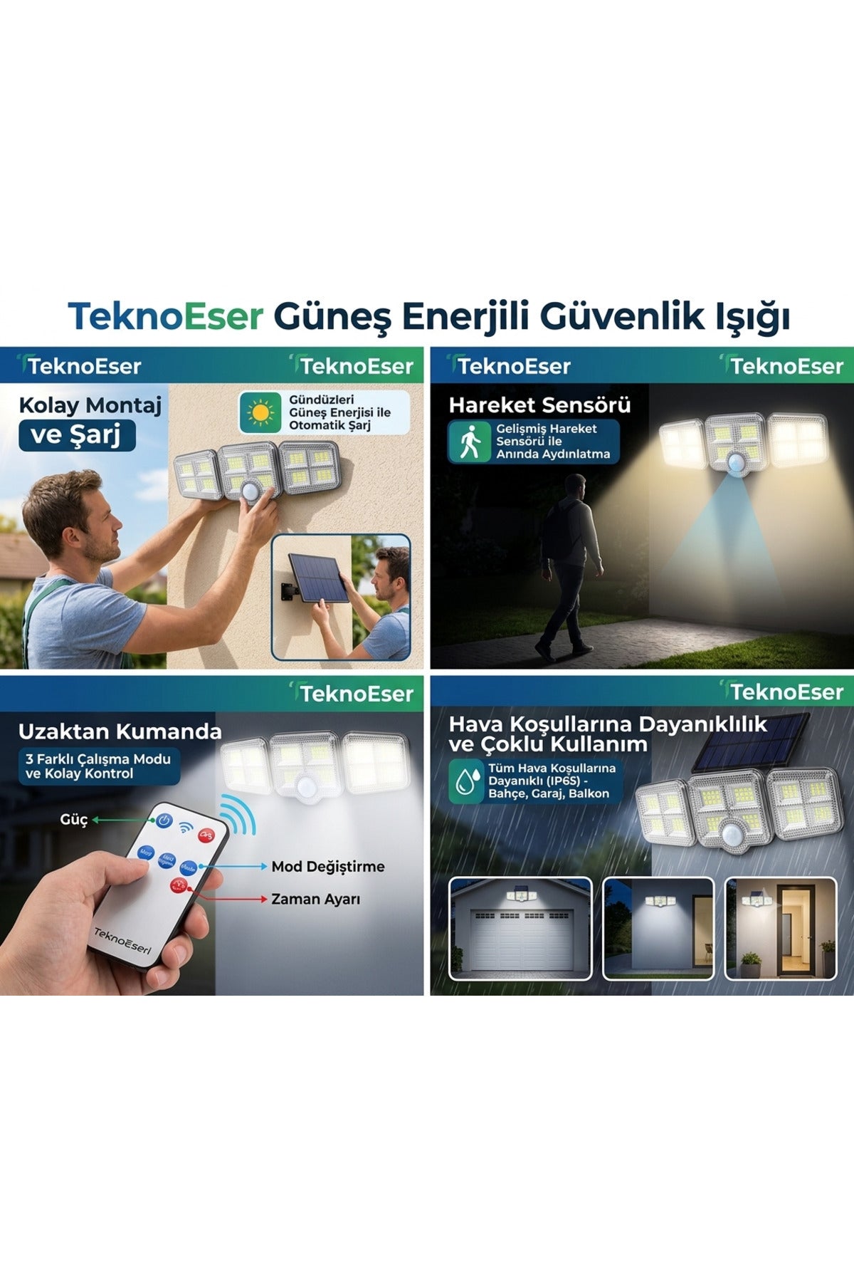 Güneş Enerjili Solar Bahçe Aydınlatması - 3 Başlıklı Hareket Sensörlü Uzaktan Kumandalı Led Duvar Lambası