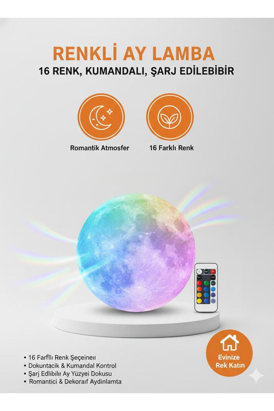 16 Renkli Ay Lamba | Kumandalı, Şarjlı, Dokunmatik, Dekoratif Gece Lambası
