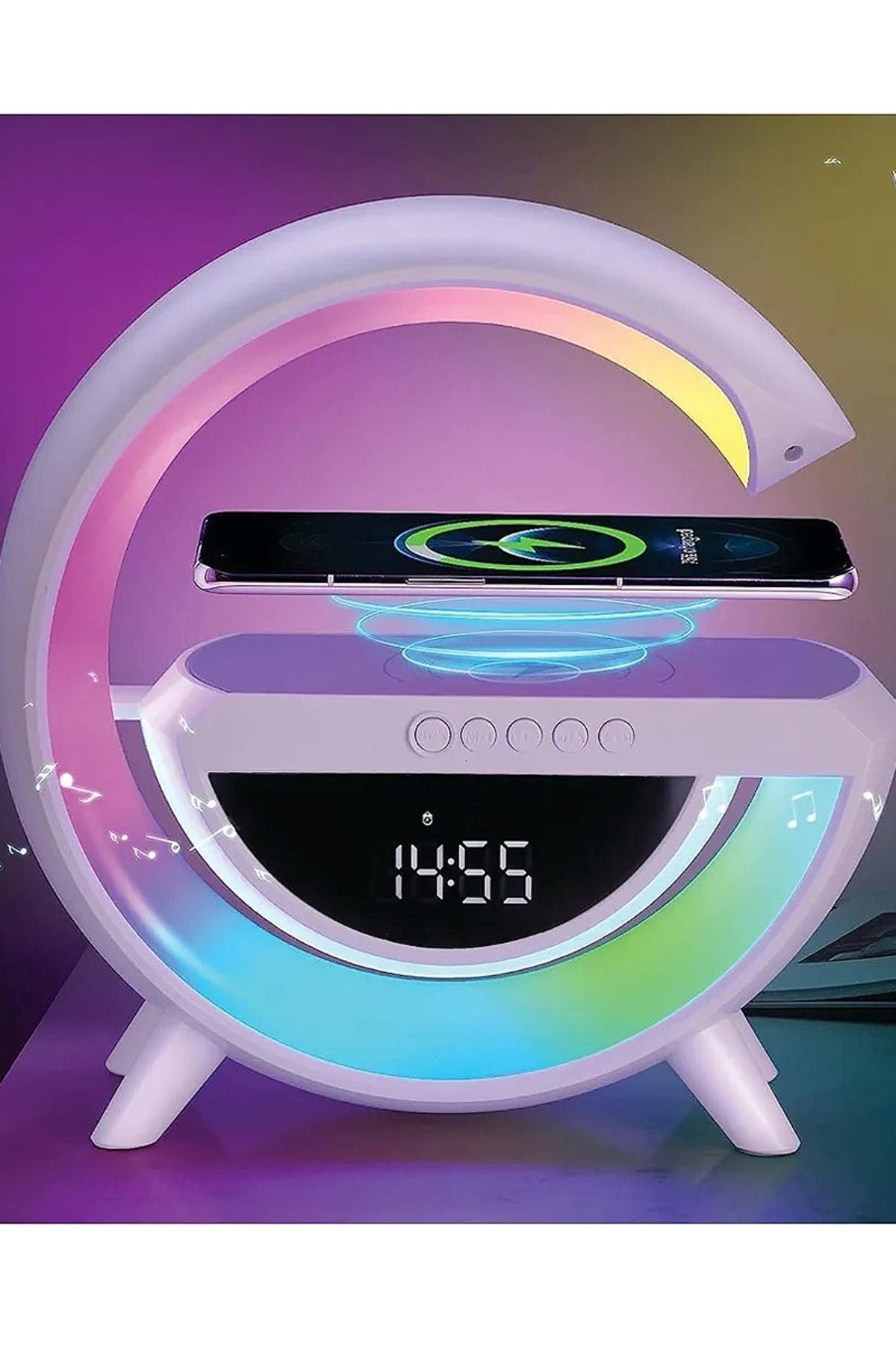 G Kablosuz Şarj, Bluetooth, Müzik Çalar, Alarm, Büyük Saat, Hoparlör Özellikli Masa ve Gece Lambası