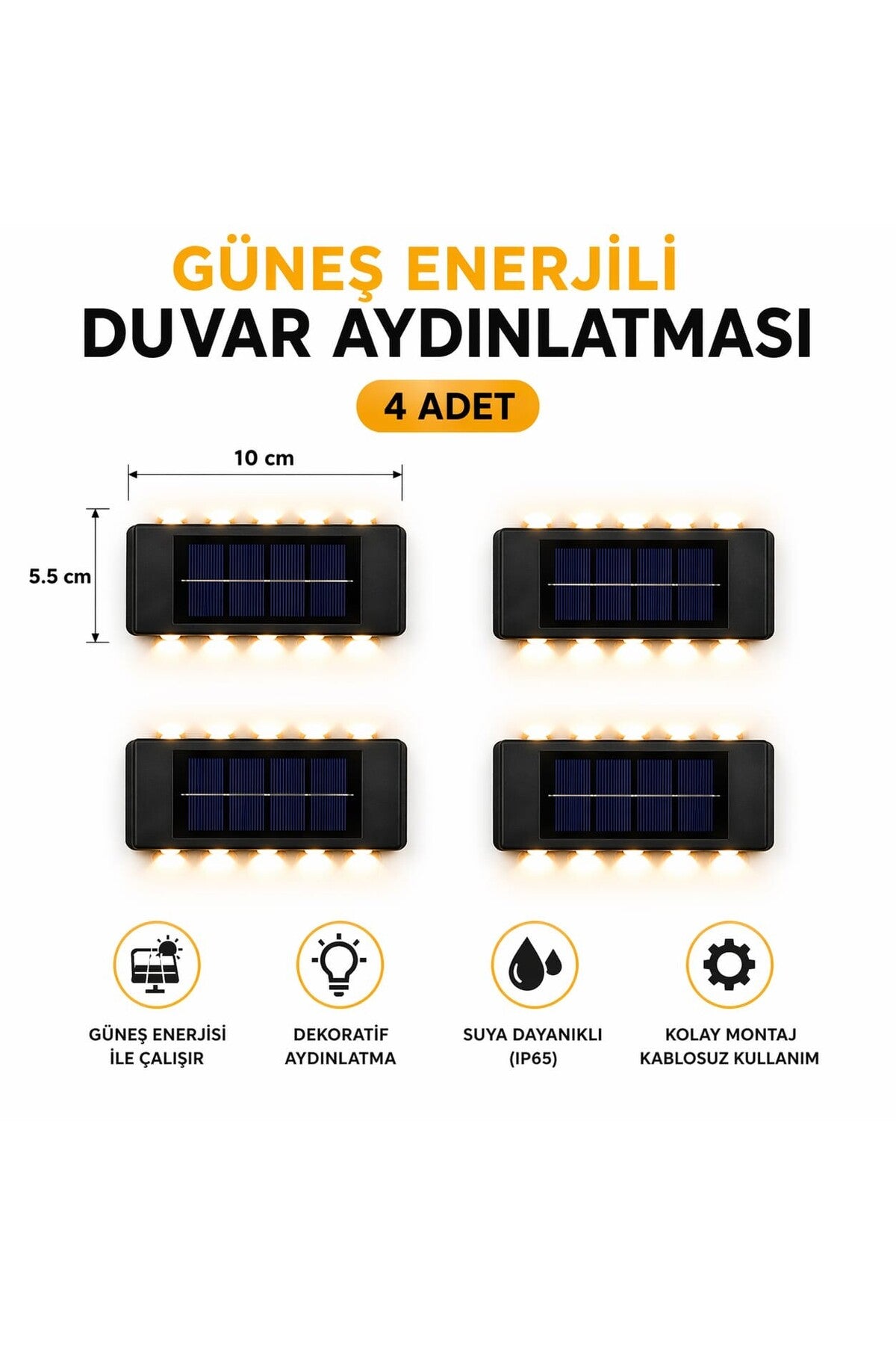 4 Adet Gunes Enerjili 10 LED Duvar Aplik Bahce Balkon Dis Mekan Solar Aydinlatma Seti
