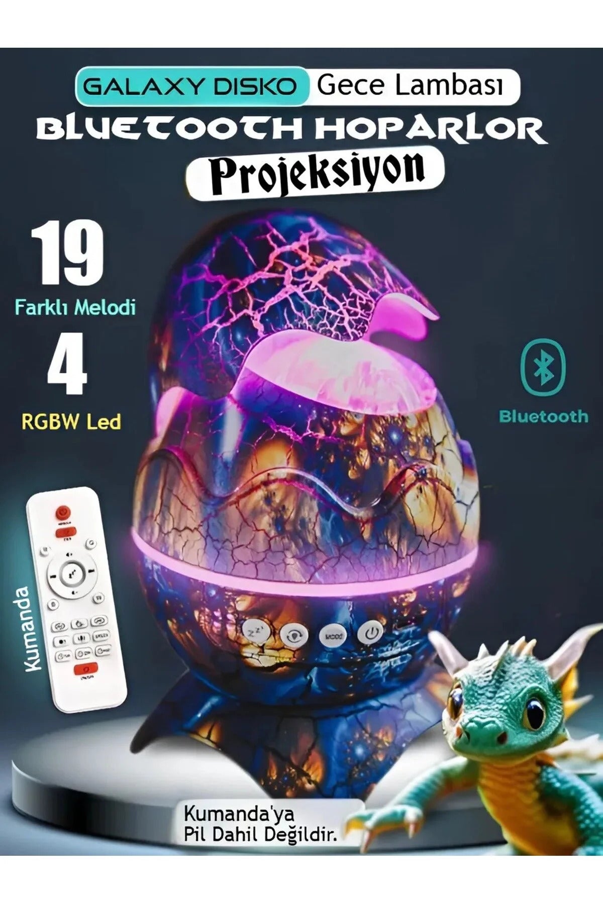 Galaxy Projeksiyon Gece Lambası Dinozor Yumurtası 14 Renk Bluetooth Hoparlörlü Yıldız Projektör
