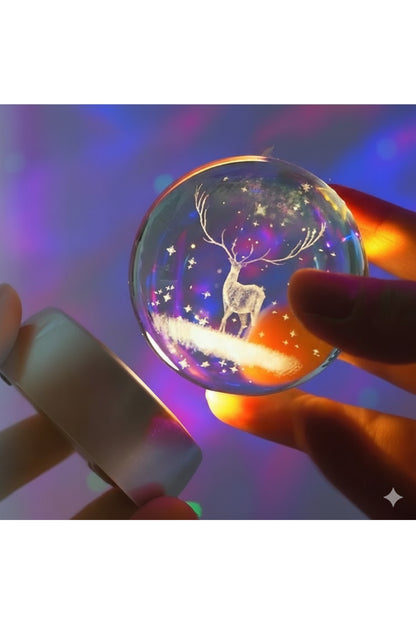 3D Geyik Figürlü Kristal Küre Gece Lambası - Pilli Metalik Gri Kaideli Dekoratif Aydınlatma