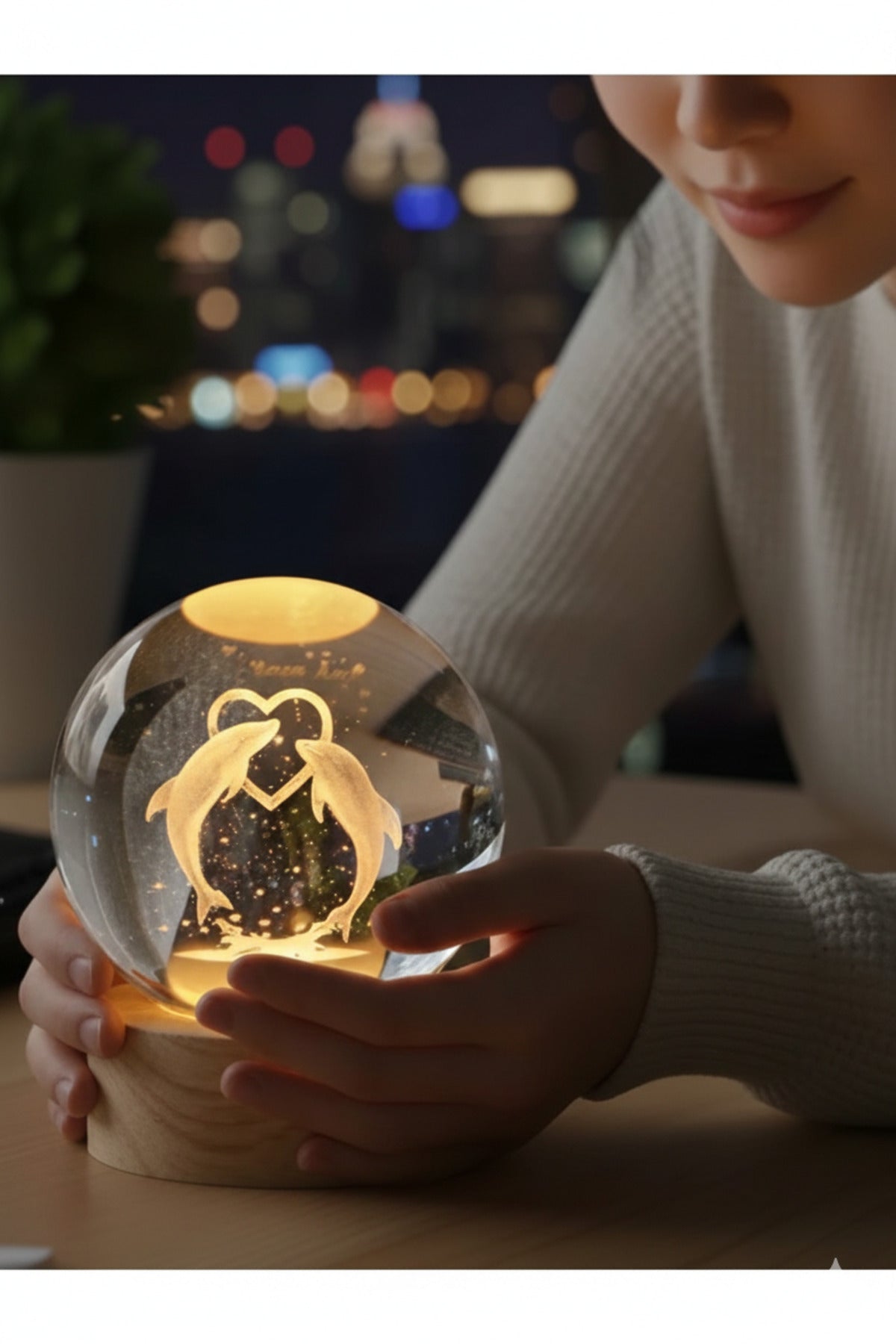 3D Yunus Figürlü Kristal Cam Küre Gece Lambası - Ahşap Kaideli Lazer İşlemeli Dekoratif Işıklı Küre