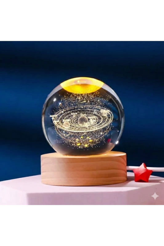Güneş Sistemi Samanyolu Tasarımlı Işıklı Kristal Küre Gece Lambası Ahşap Dekoratif Masa Lambası