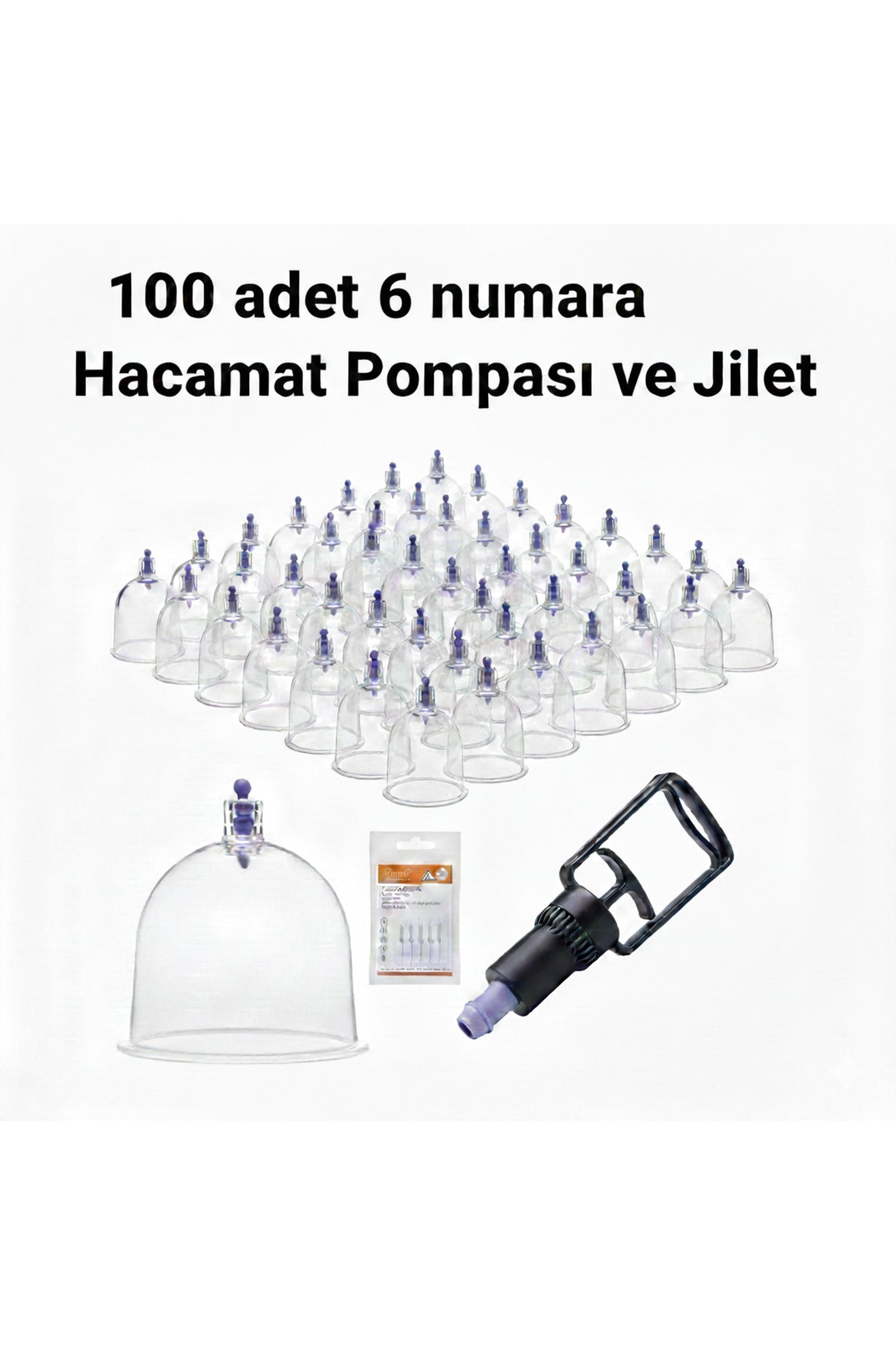 Kupa ve Masaj Seti – 100 Adet 6 Numara Plastik Kupa + Pompa + Jilet