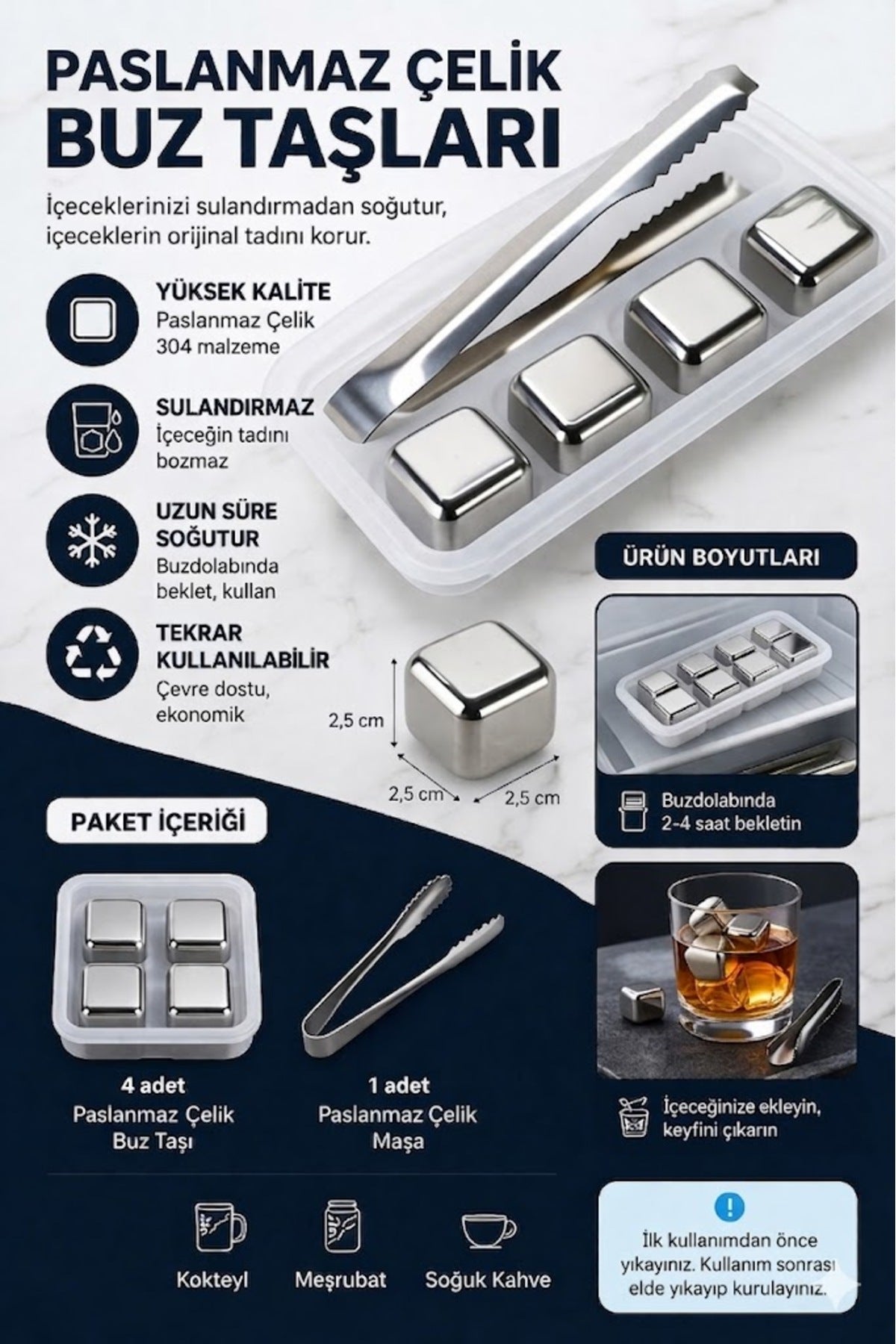 Paslanmaz Çelik Buz Taşı Seti 4’lü Maşalı Buz Taşı İçecek Soğutucu Tekrar Kullanılabilir