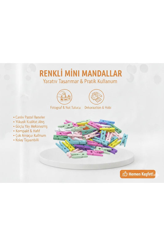 Renkli Mini Mandallar – Pastel Tonlarda Dekoratif Fotoğraf, Not ve Hobi Mandalı Seti