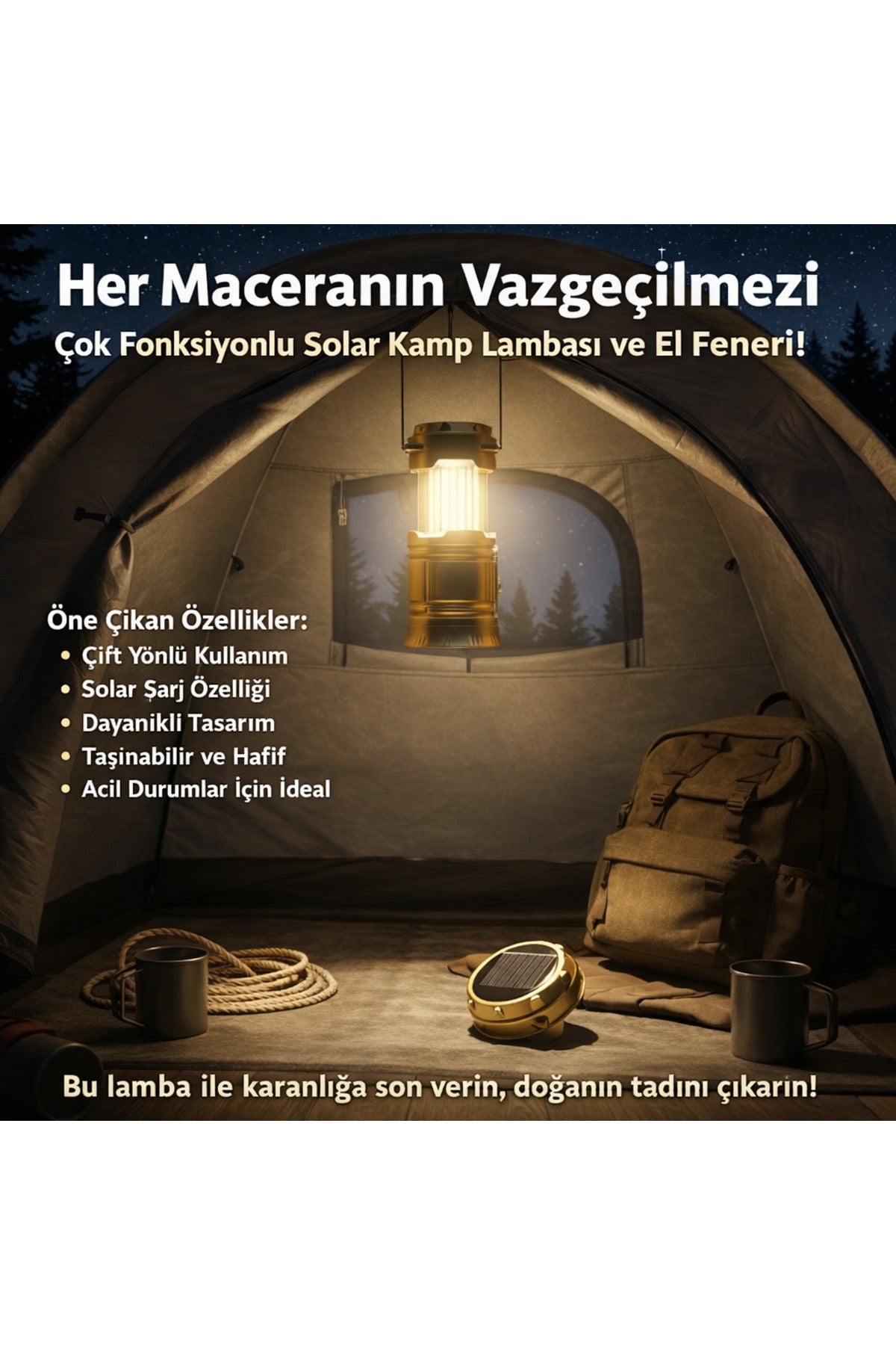 Solar Kamp Lambası El Feneri Çok Fonksiyonlu Taşınabilir LED Aydınlatma