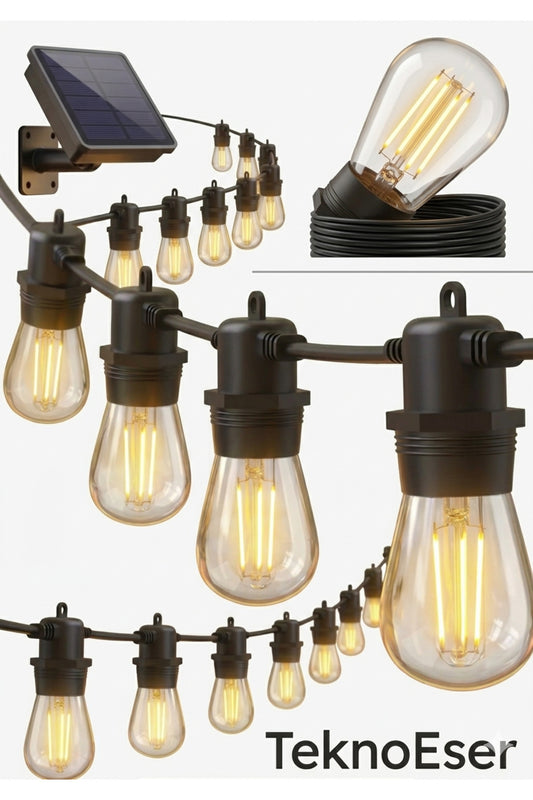 Solar Edison Ampul Zinciri 10 Metre Gunes Enerjili Dekoratif Filament LED Bahce Aydinlatma