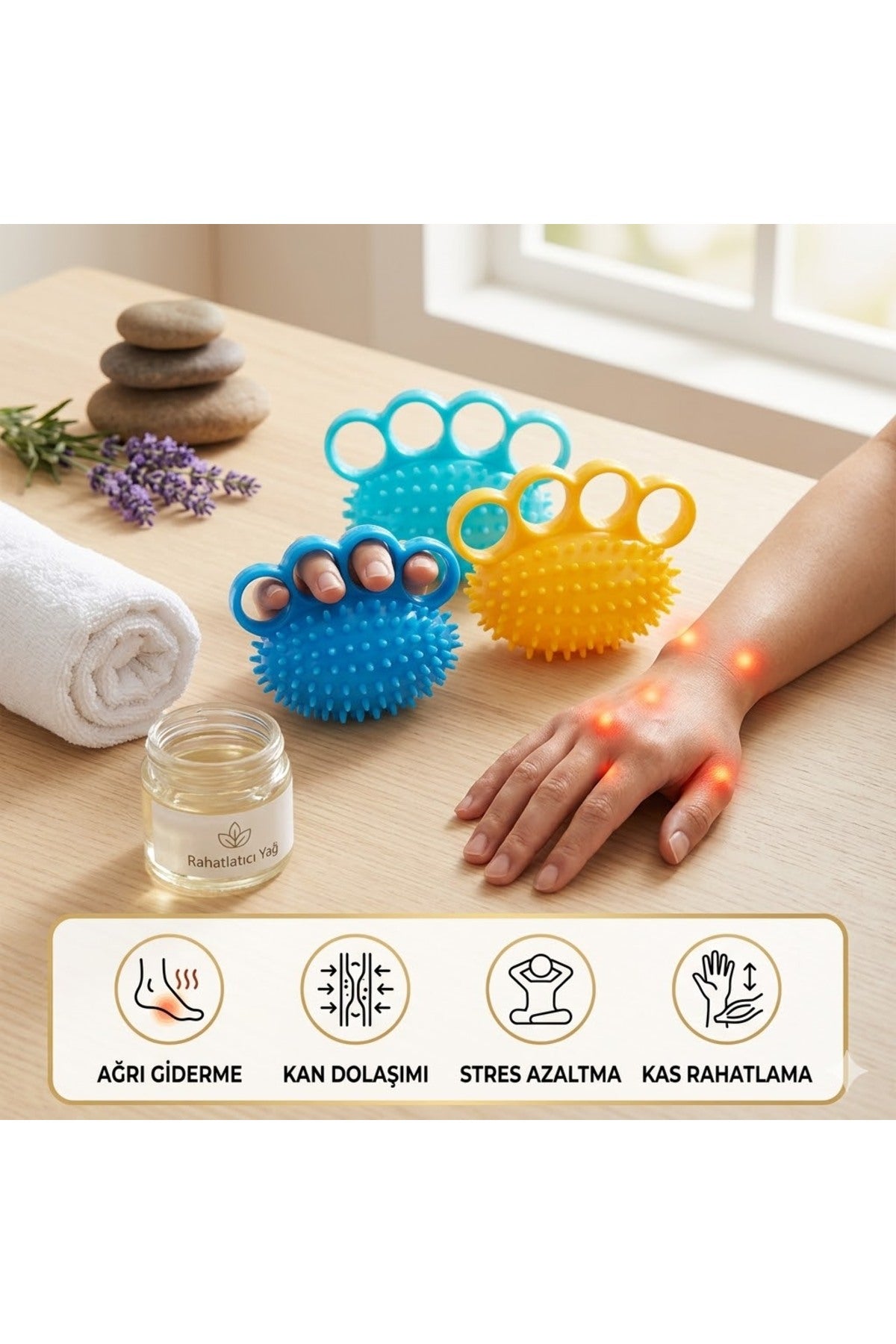 Parmak Geçirmeli Dikenli El Masaj Topu - Rehabilitasyon ve Stres Giderici Egzersiz Aparatı