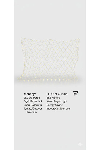 Menergy LED Ağ Perde Işık 3x2 Metre | Sıcak Beyaz | İç & Dış Mekan | Enerji Tasarruflu Net Curtain