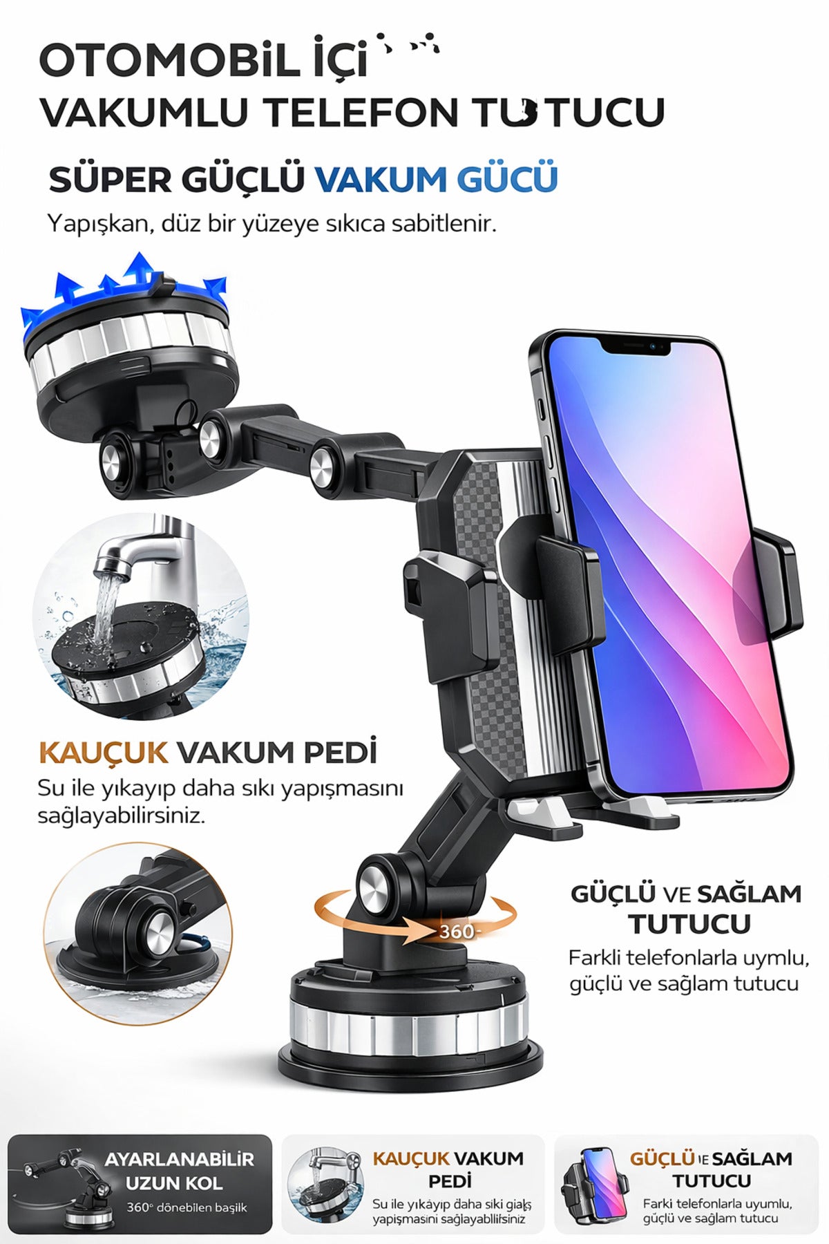 Vakumlu Araç İçi Telefon Tutucu – Süper Güçlü Vakum, 360° Ayarlanabilir, Tüm Telefonlarla Uyumlu