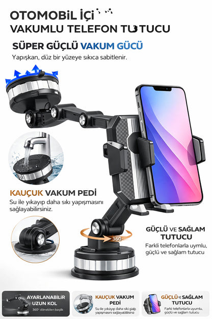 Vakumlu Araç İçi Telefon Tutucu – Süper Güçlü Vakum, 360° Ayarlanabilir, Tüm Telefonlarla Uyumlu