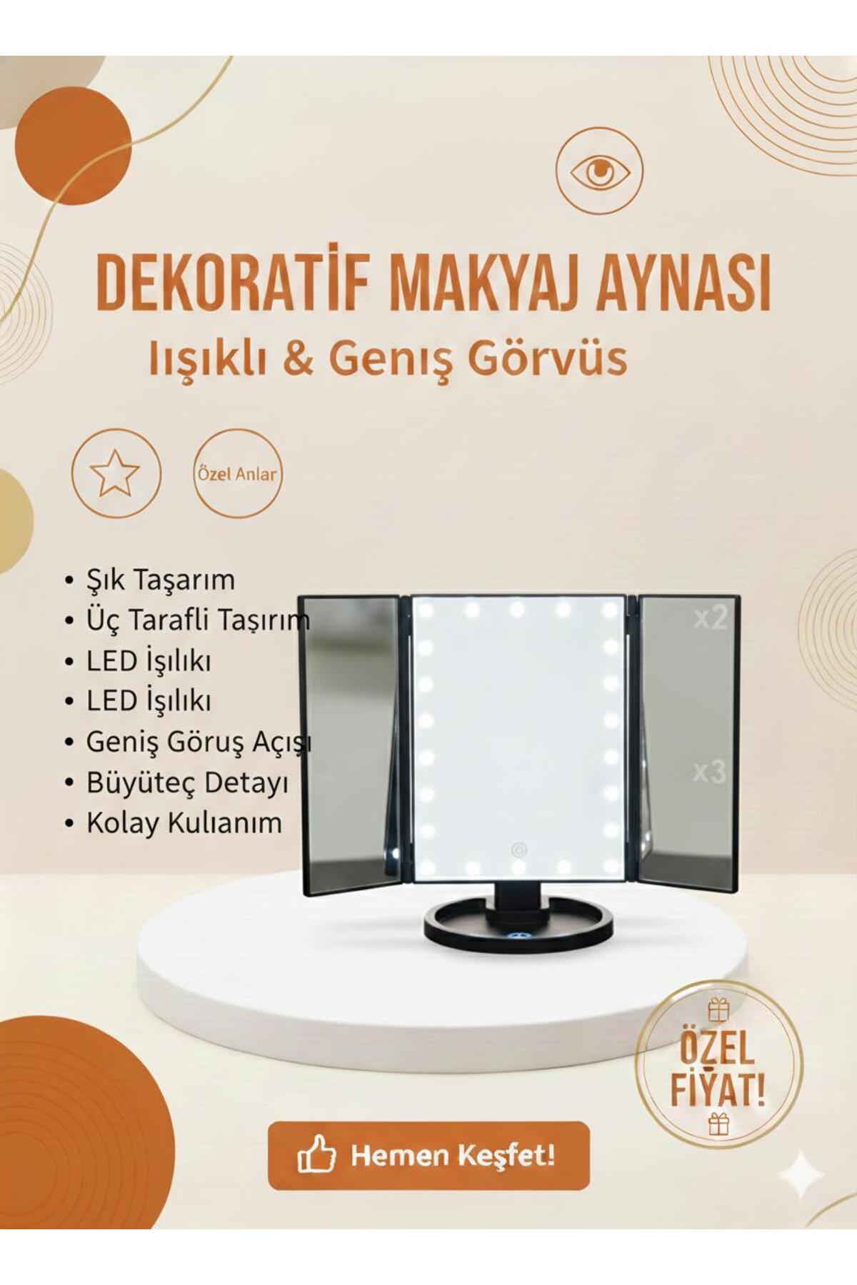 Üç Panelli LED Işıklı Makyaj Aynası | Büyüteçli, Geniş Görüş Açılı, Masa Üstü Kullanım