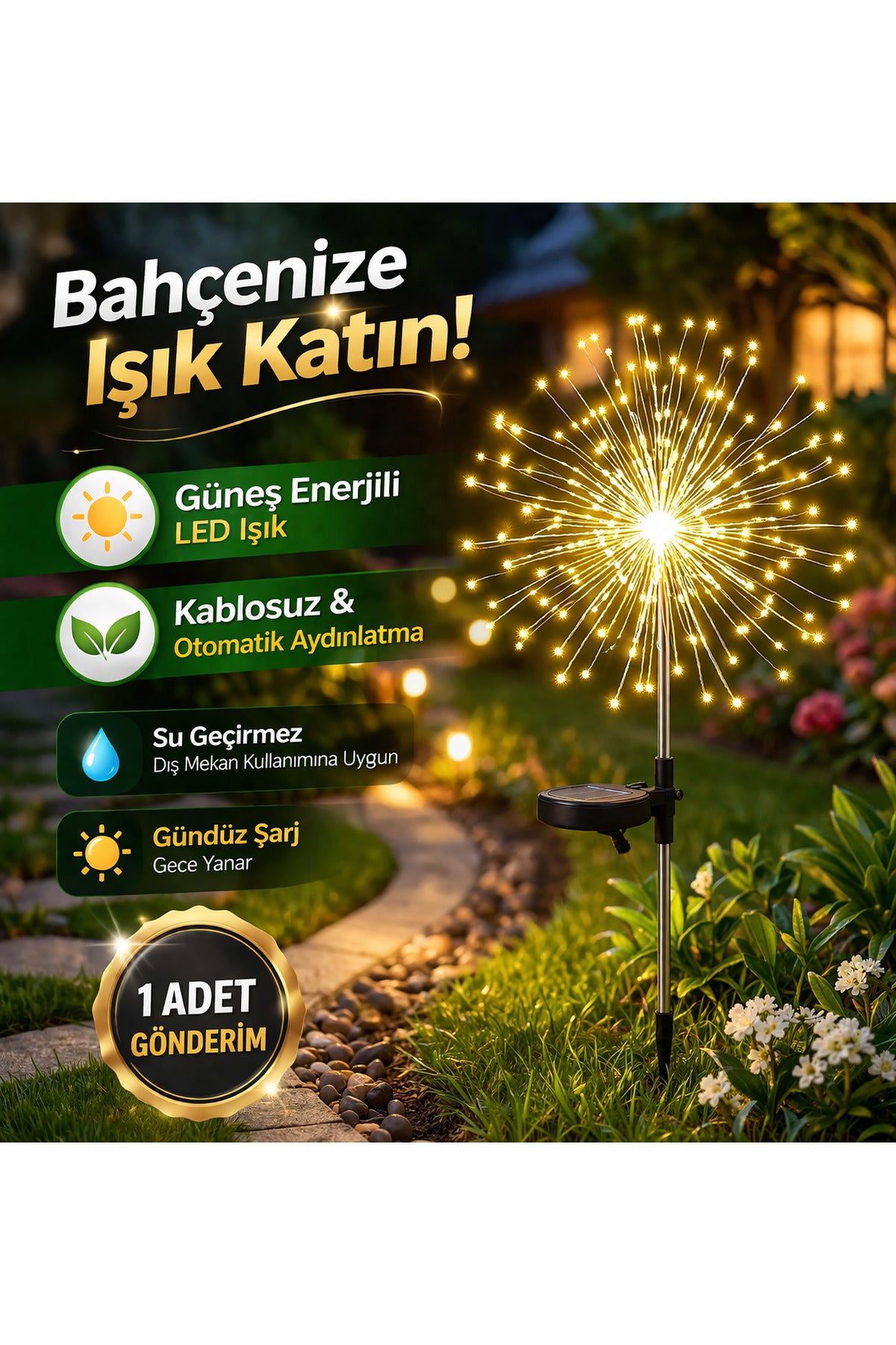Güneş Enerjili LED Bahçe Işığı – Su Geçirmez Dekoratif Yıldız Çiçek Aydınlatma (1 Adet)