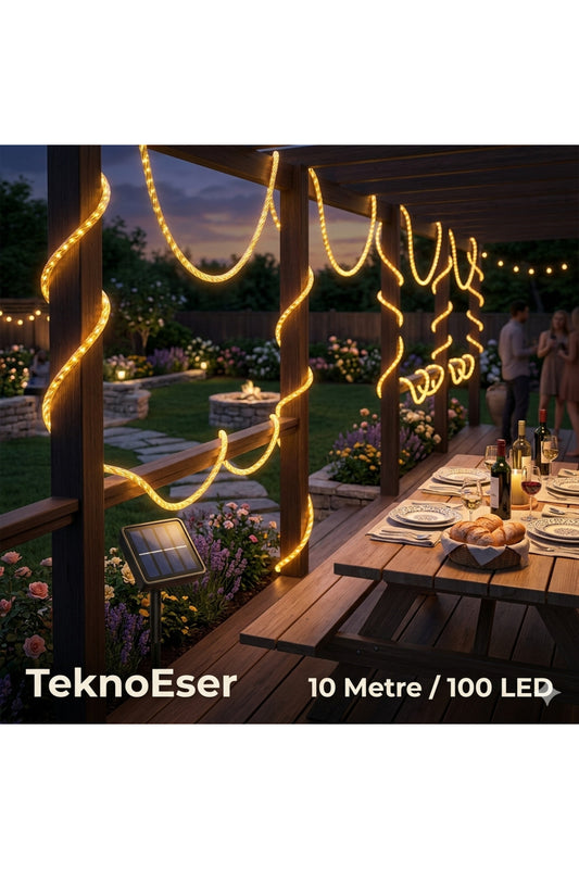 Solar Hortum Peri LED – 10 Metre 100 LED IP65 Güneş Enerjili Bahçe Dekorasyon Aydınlatma