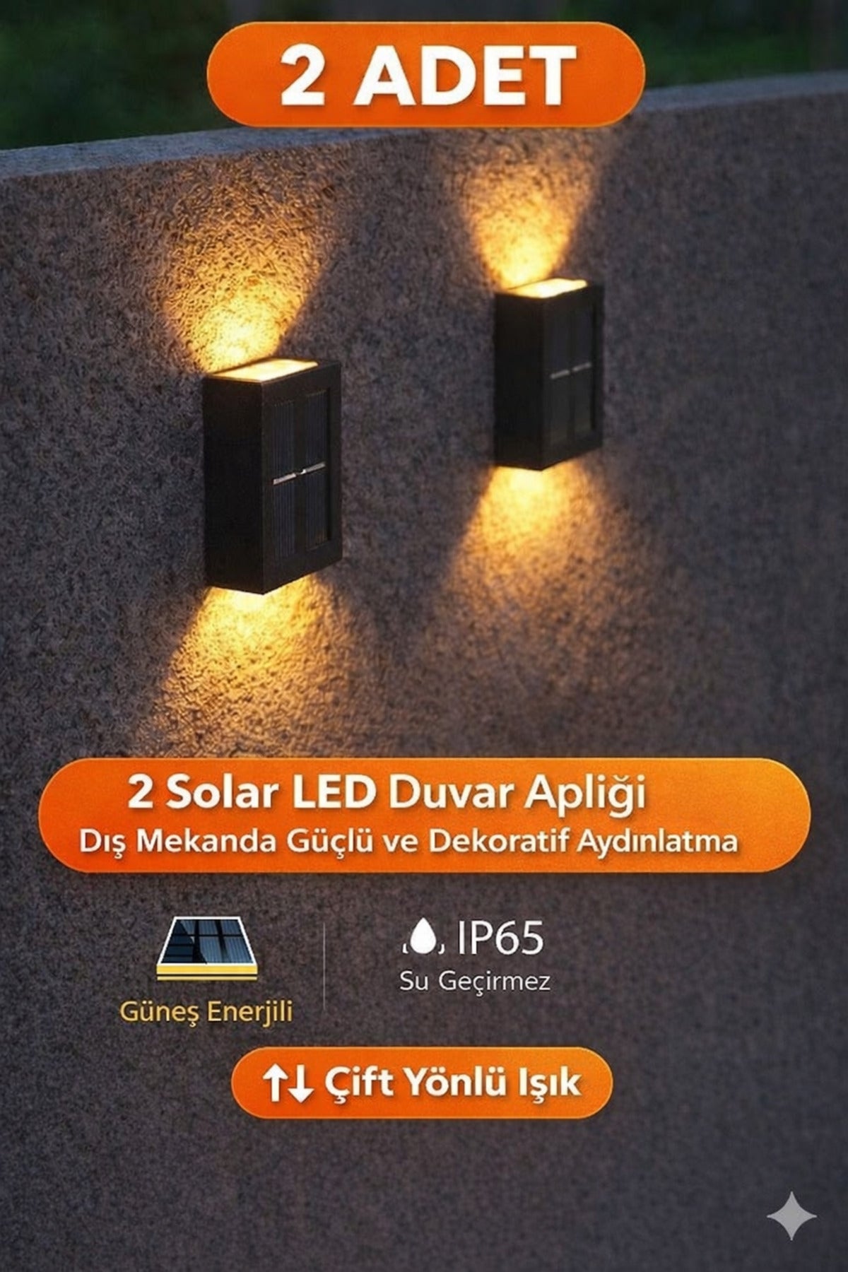 2 Adet Solar LED Duvar Apliği IP65 Su Geçirmez Bahçe Aydınlatma Güneş Enerjili LED Dış Mekan Lamba
