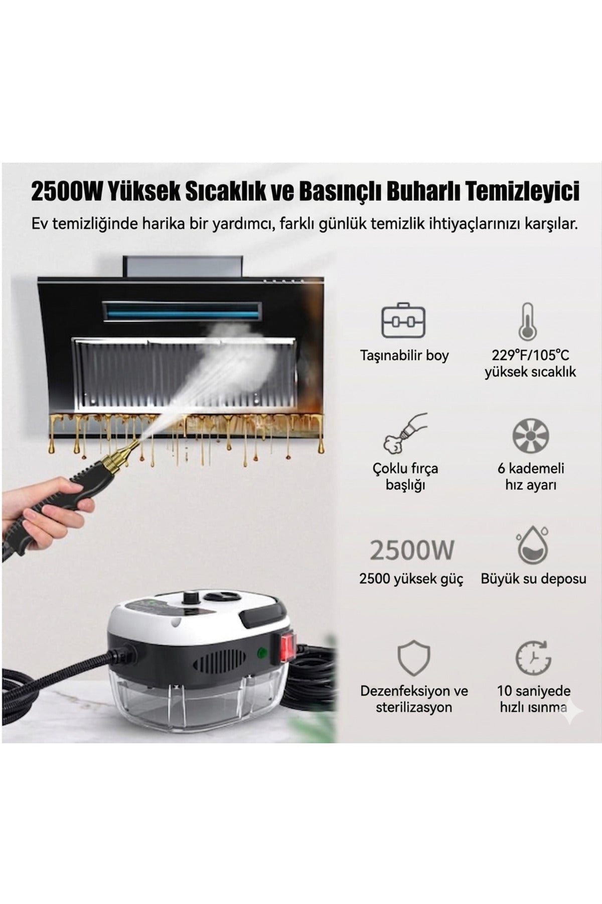 Yüksek Güçlü Buharlı Temizleyici - Çok Amaçlı Hijyenik Temizlik Makinesi - Taşınabilir Buharlı Mop