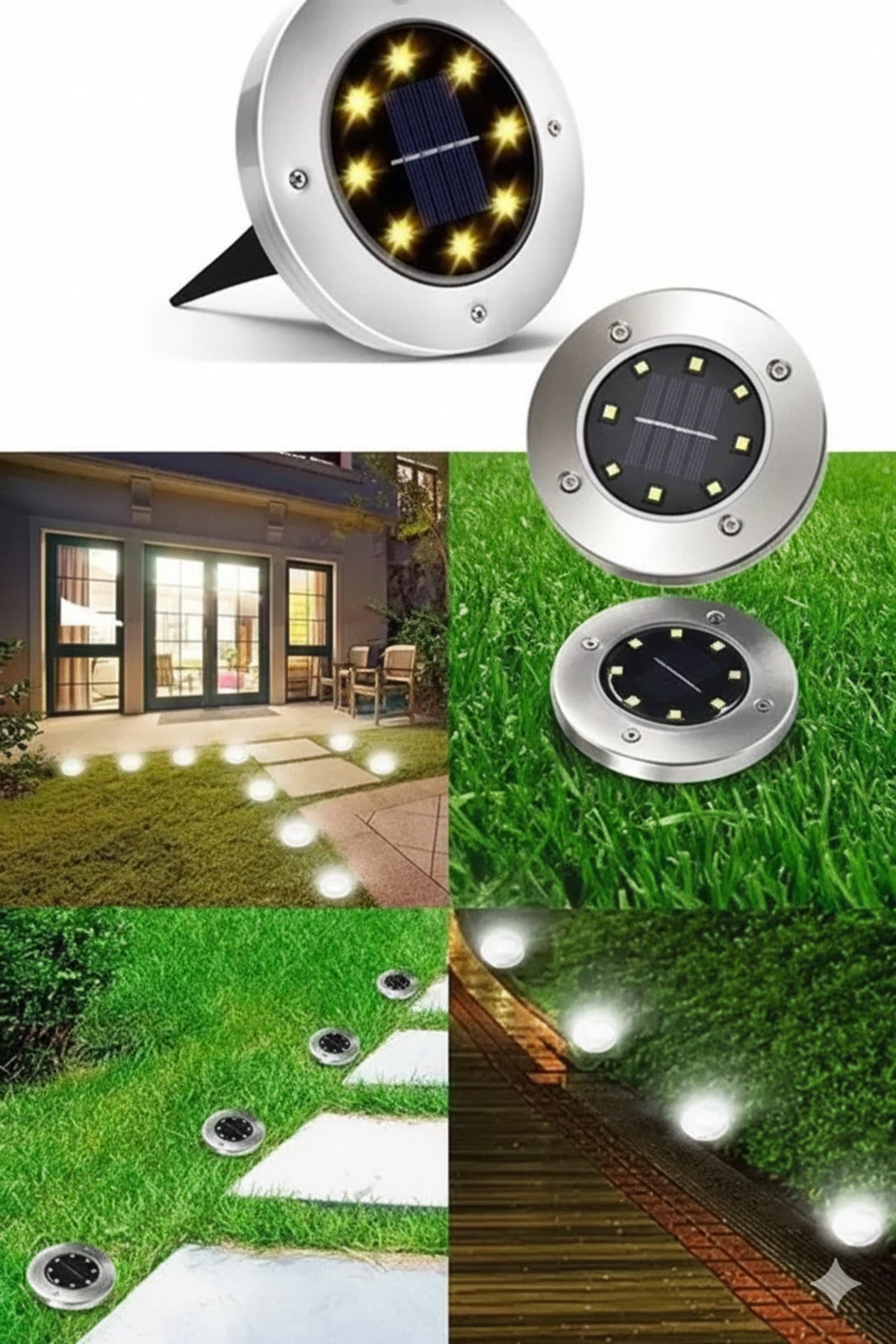 8 LED Güneş Enerjili 4 Adet Solar Bahçe Aydınlatma Paslanmaz Çelik Su Geçirmez Armatür Saplama Lamba