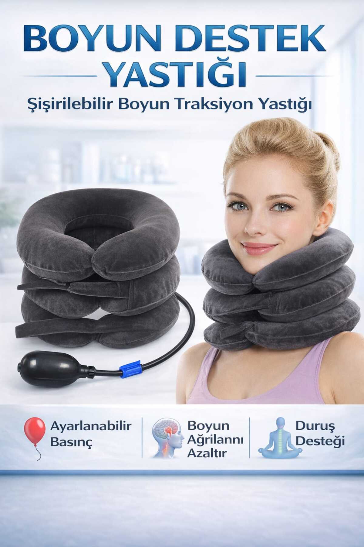 3 Katlı Şişirilebilir Boyun Destek Yastığı – Ayarlanabilir Boyun Traksiyon Yastığı