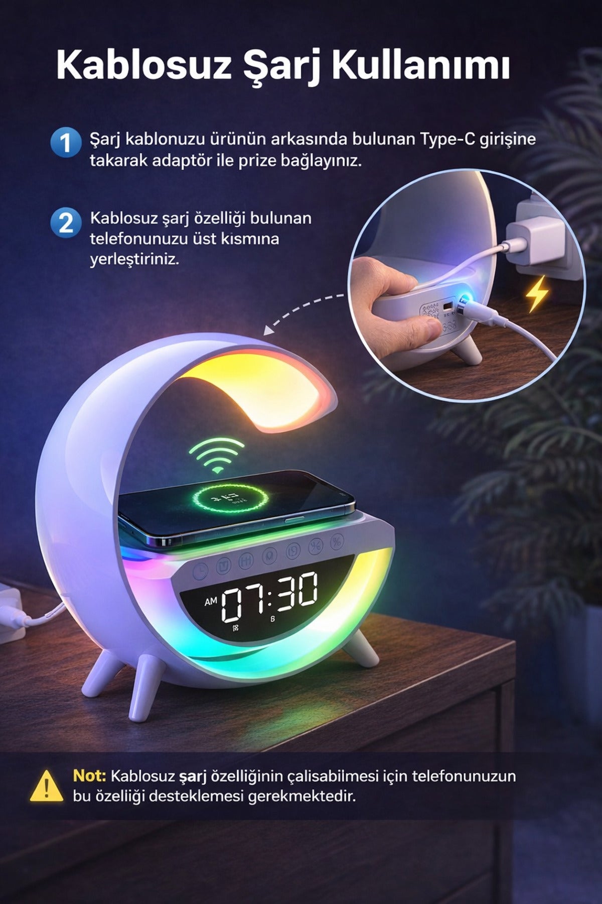 G Kablosuz Şarj, Bluetooth, Müzik Çalar, Alarm, Büyük Saat, Hoparlör Özellikli Masa ve Gece Lambası