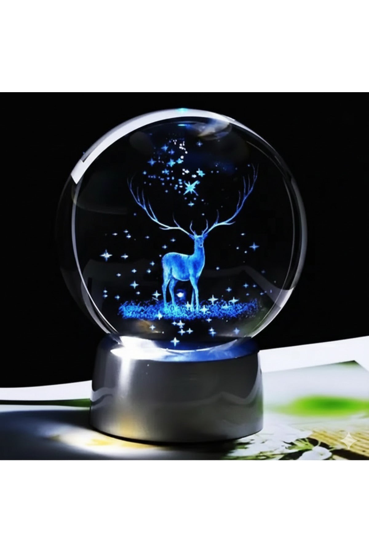 3D Geyik Figürlü Kristal Küre Gece Lambası - Pilli Metalik Gri Kaideli Dekoratif Aydınlatma