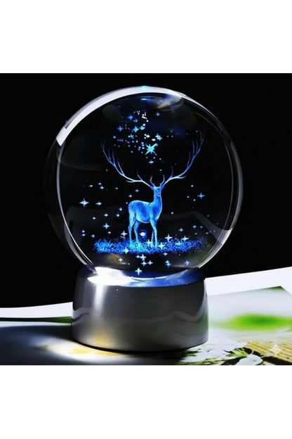 3D Geyik Figürlü Kristal Küre Gece Lambası - Pilli Metalik Gri Kaideli Dekoratif Aydınlatma