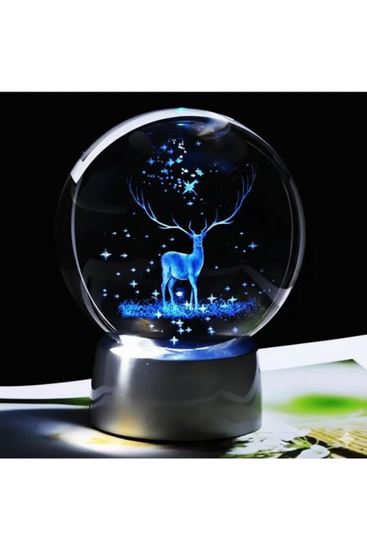 3D Geyik Figürlü Kristal Küre Gece Lambası - Pilli Metalik Gri Kaideli Dekoratif Aydınlatma