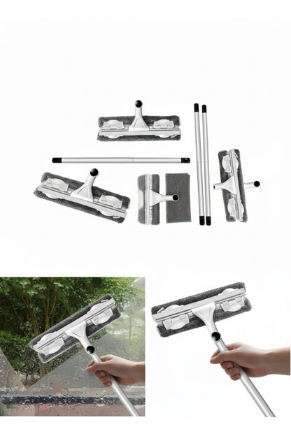 Çift Taraflı Cam Silme Aparatı 360 Derece Döner Başlıklı Mikrofiber Cam Temizleyici Uzatmalı Saplı