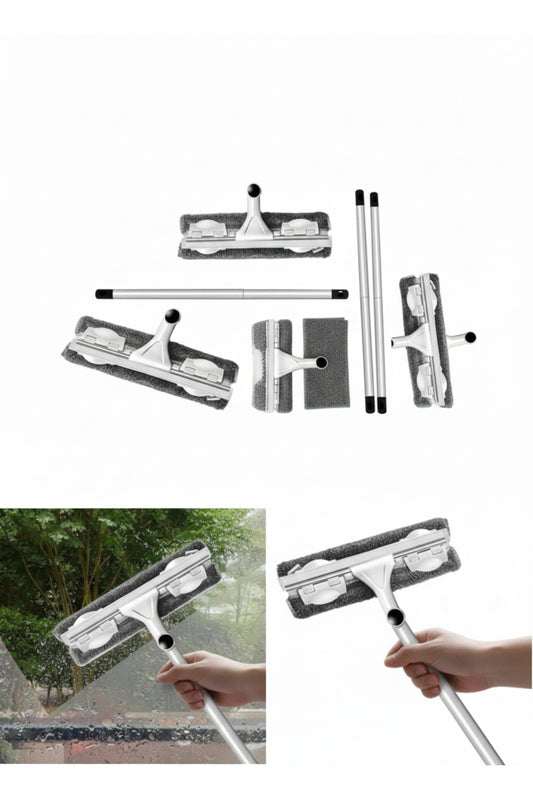Çift Taraflı Cam Silme Aparatı 360 Derece Döner Başlıklı Mikrofiber Cam Temizleyici Uzatmalı Saplı