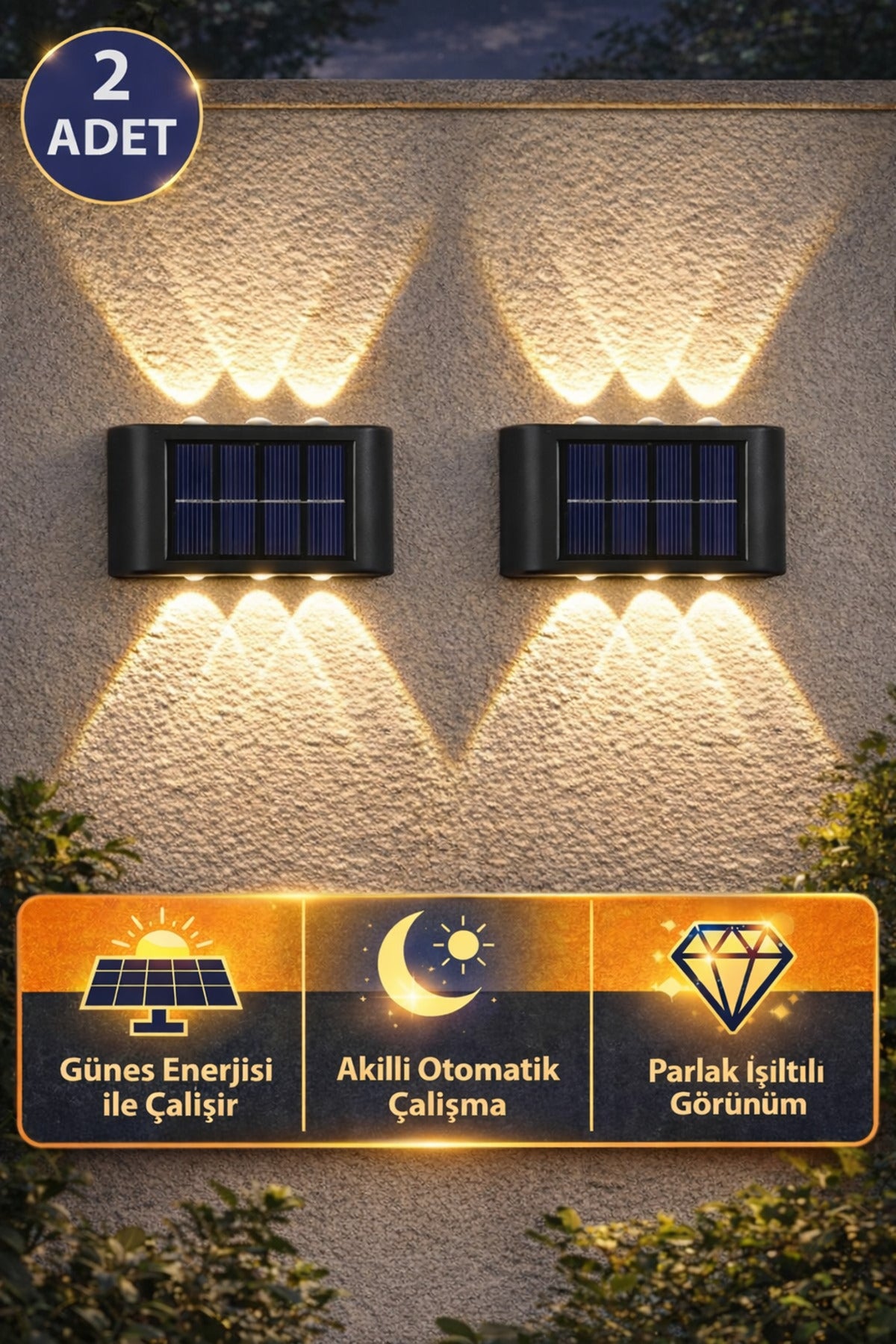 2 Adet Güneş Enerjili LED Duvar Lambası – Otomatik Yanan Solar Bahçe & Dış Mekan Aydınlatma