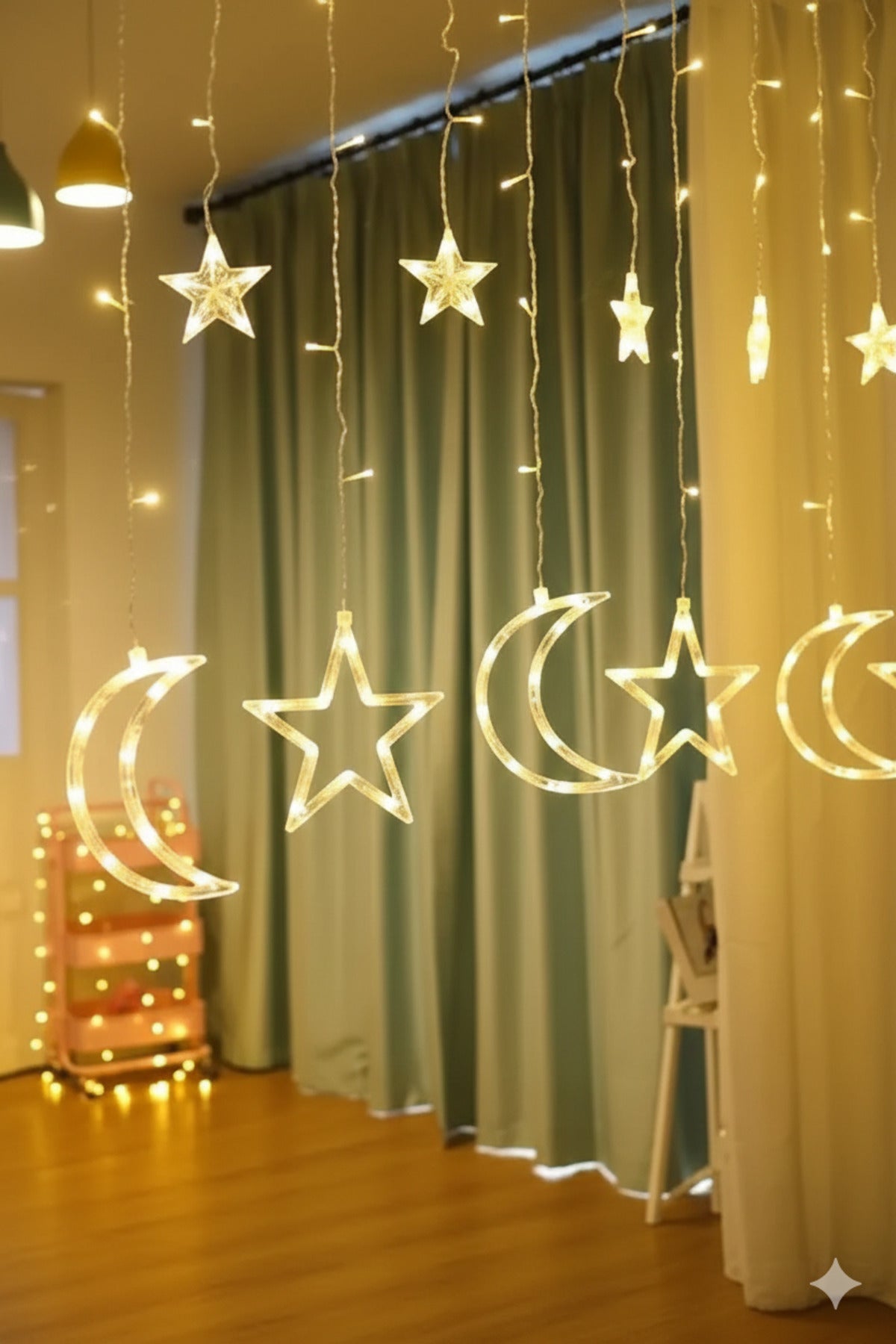 Ay Yıldız Figürlü Dekoratif Perde LED Işık 3 Metre Süsleme Lambası Gün Işığı Pencere Duvar Perde