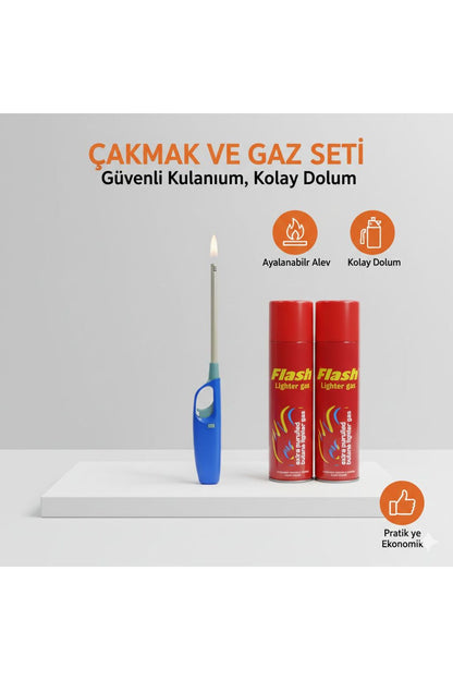 Uzun Mutfak Çakmağı + 2 Adet Çakmak Gazı Hediye | Ayarlanabilir Alev, Kolay Dolum