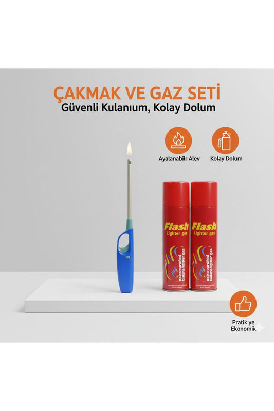 Uzun Mutfak Çakmağı + 2 Adet Çakmak Gazı Hediye | Ayarlanabilir Alev, Kolay Dolum