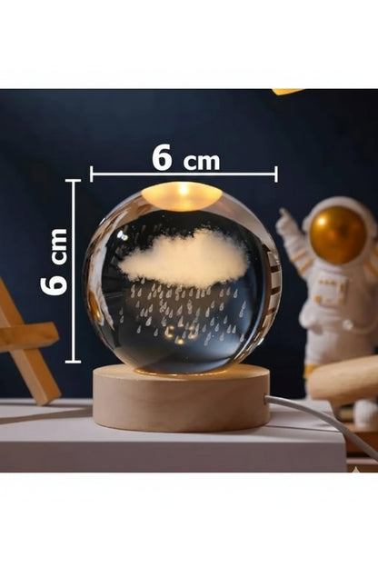 3D Bulut Tasarımlı Kristal Küre Gece Lambası - Ahşap Standlı Dekoratif Aydınlatma - Işıklı Cam Küre