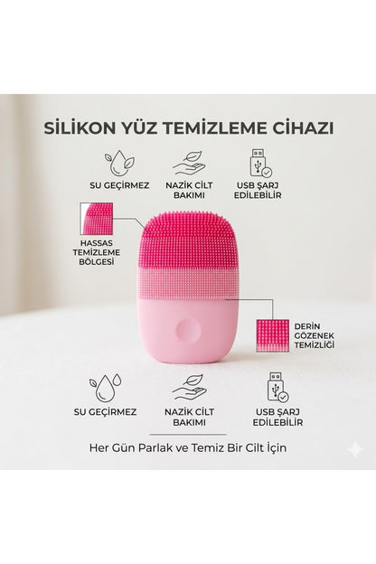 Şarjlı Silikon Yüz Temizleme Cihazı - Titreşimli Gözenek Arındırıcı ve Yüz Masaj Aleti - Su Geçirmez Hassas Cilt Bakım Fırçası