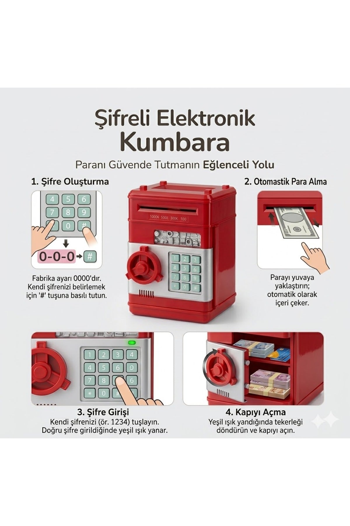 Kırmızı Şifreli Elektronik Kumbara Çocuklar İçin | ATM Kart Girişli Otomatik Para Yutan Para Kasası