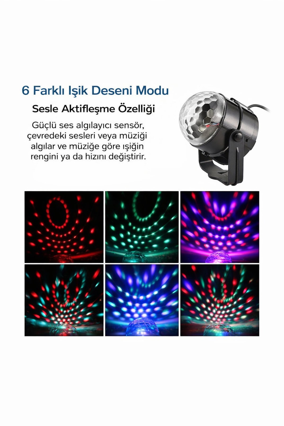 Sesle Aktifleşen Renkli Disko Işığı – USB Bağlantılı, 6 Farklı Işık Modlu Party Lambası