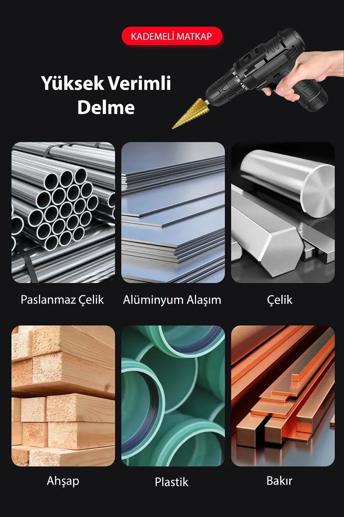 3'lü Kademeli Matkap Ucu Panç Seti Paslanmaz 3 Kademeli Demir Sac Boru Bakır Aliminyum Delme Seti