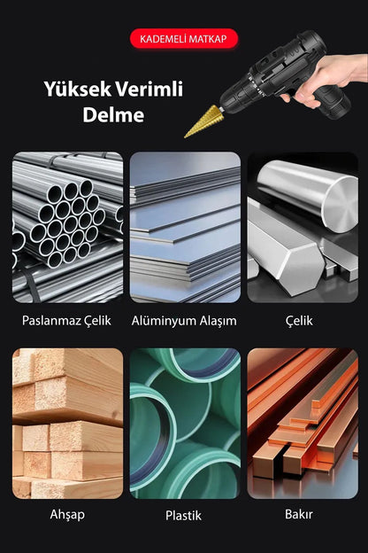 3'lü Kademeli Matkap Ucu Panç Seti Paslanmaz 3 Kademeli Demir Sac Boru Bakır Aliminyum Delme Seti