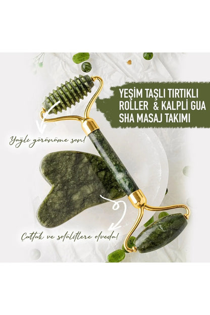 %100 Doğal Yeşim Taşı Jade Roller ve Gua Sha Masaj Seti - 2'li Cilt Bakım ve Yüz Masaj Aleti