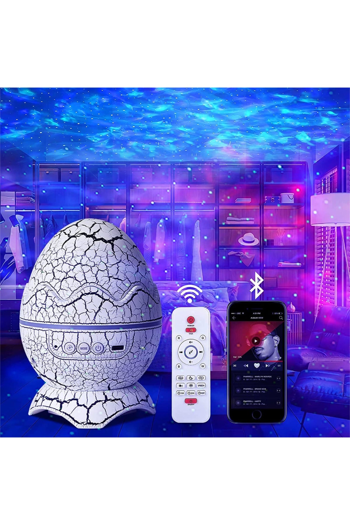 Dinazor Yumurtası Projektör Gece Masa Lambası Galaxy Gökyüzü Kumandalı Aydınlatma Bluetooth Speaker