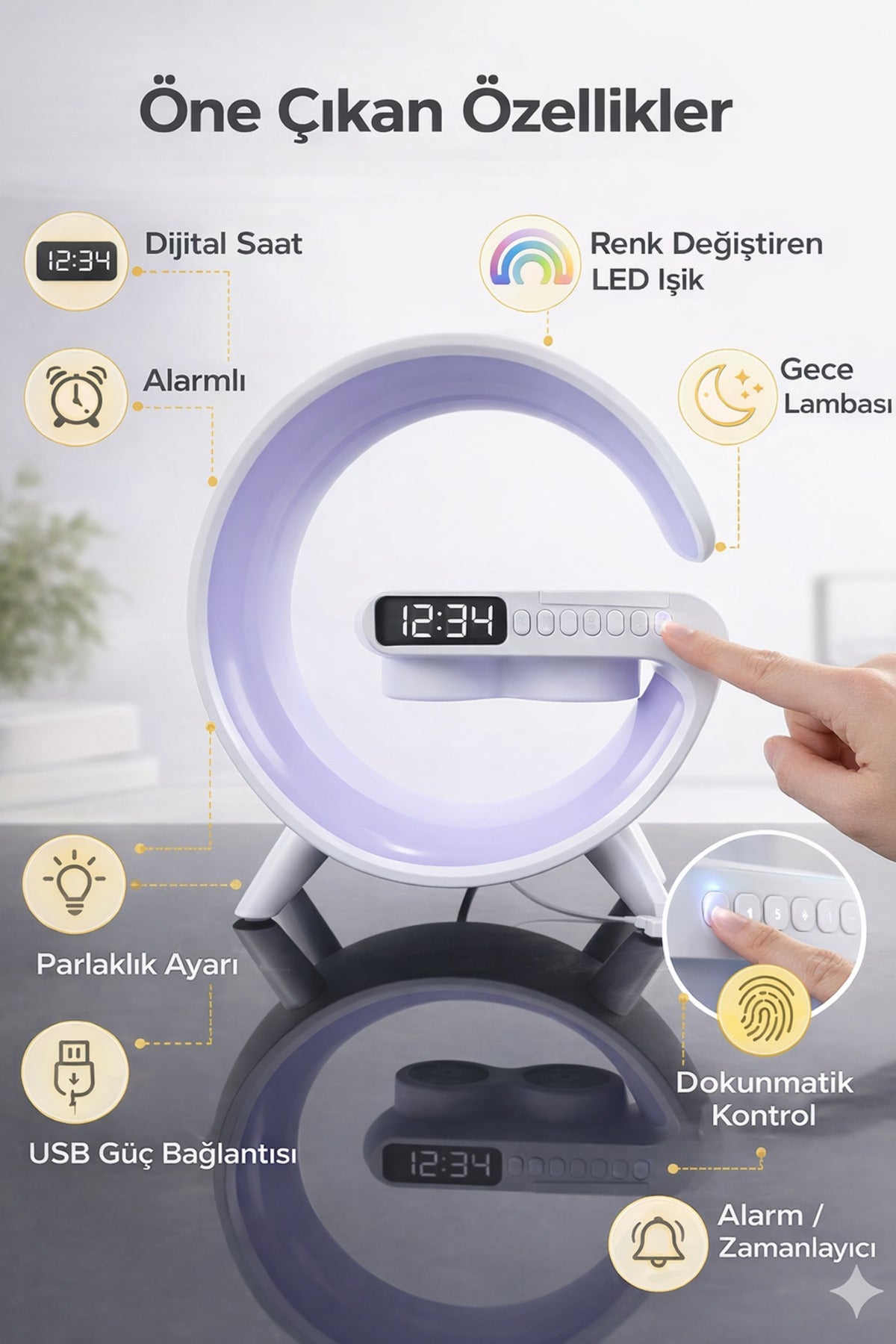 G Şekilli LED Masa Lambası Dijital Saatli Alarm Özellikli Dokunmatik Kontrol
