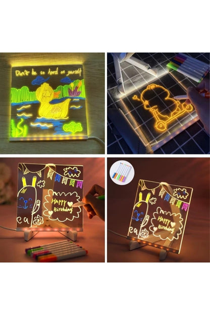 Yazı Çizim Tahtası Neon Led Işıklı 20x20 cm 7 Kalem ve Stant Hediyeli Işıklı Eğitici Resim Tahtası