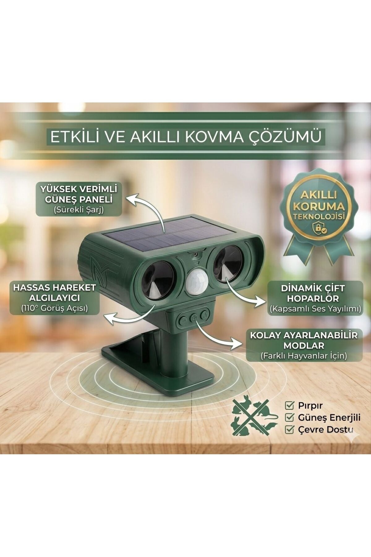 Solar Güneş Enerjili Ultrasonik Hayvan Kovucu - Sensörlü Kedi Köpek Fare Haşere Uzaklaştırıcı
