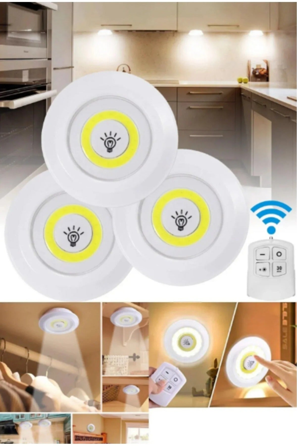 3’lü Uzaktan Kumandalı LED Dolap Lambası – Kablosuz, Pilli, Dokunmatik Işık Seti