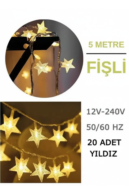 Dekoratif Yıldız Led Işık Zinciri 5 Metre 28 led Prizli Gün Işığı Fişli Yılbaşı Aydınlatması