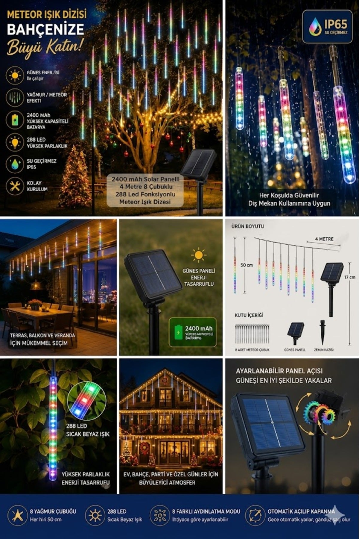 Solar Güneş Enerjili Meteor Yağmuru Led Işık - 8 Çubuklu 4 Metre 288 LED Su Geçirmez Bahçe Aydınlatması
