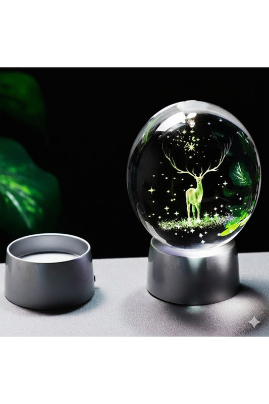 3D Geyik Figürlü Kristal Küre Gece Lambası - Pilli Metalik Gri Kaideli Dekoratif Aydınlatma